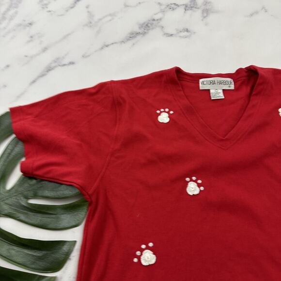 Victoria Harbour Womens Vintage 90s Cat Shirt Size L Red Embroidered Beaded - Picture 4 of 11